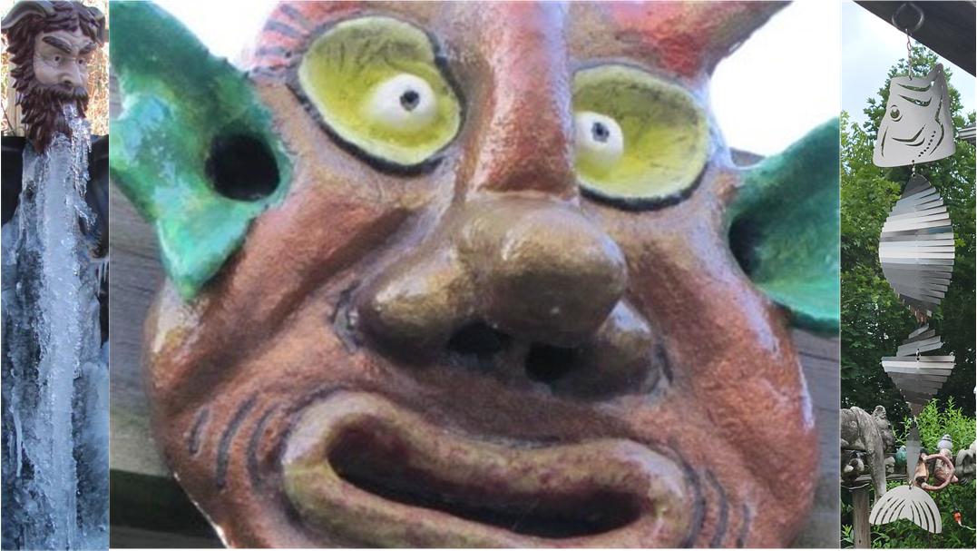 Three photos of a Satyr fountain in winter, an aquatic gargoyle, and a . Right: Hanging bass-skeleton decor.