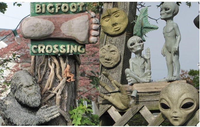 Two photos showing theme areas for Bigfoot and extraterrestrials in my OCG.